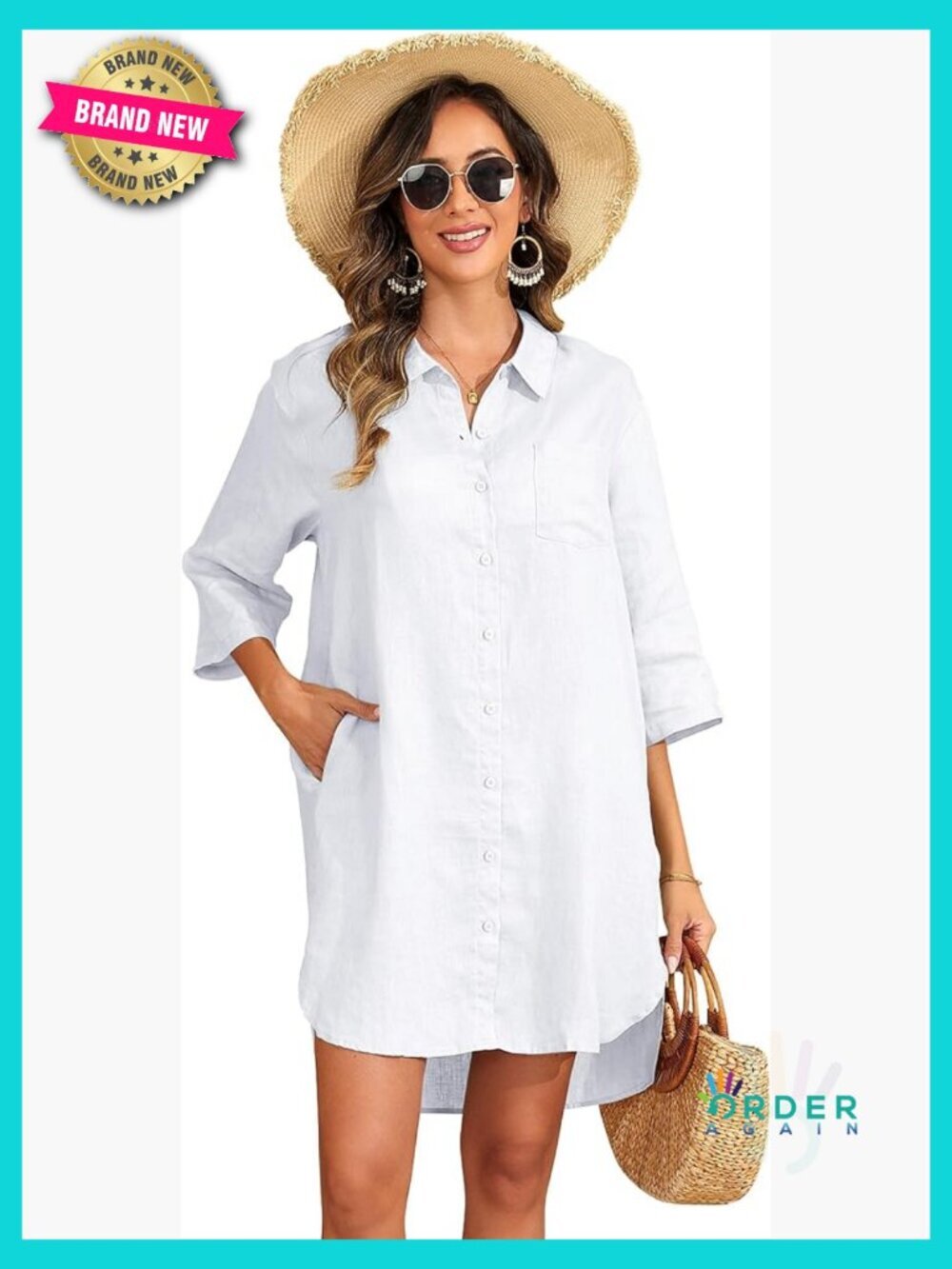 Oversized Linen Button Down Shirt Dress with Pockets 3/4 Sleeve High Low Tunic